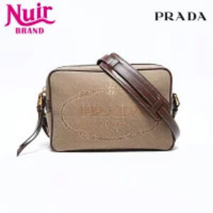 Prada Jacquard Logo Canvas Leather Shoulder Bag Beige